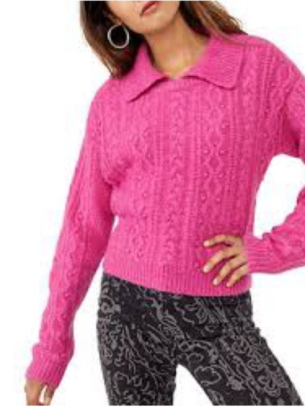 Free People Bright Pink Cable Knit Collared Sweater